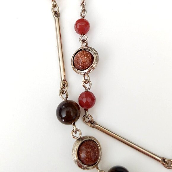 Long tiger's eye, orange glass and rust sparkle beaded 2 strand necklace - Picture 12 of 15